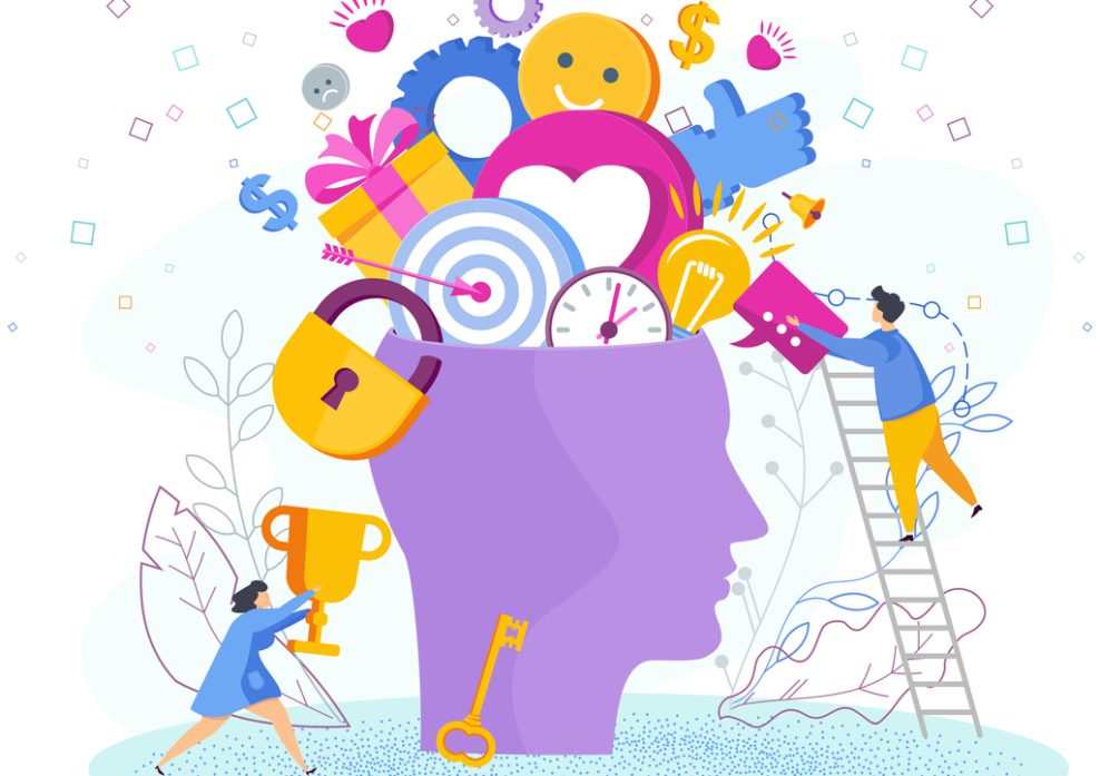 Human head with thoughts and ideas. Metaphor of creative inspiration Human head with thoughts and ideas. Metaphor of creative inspiration, inspiration, successful ideas. Analysis of business problems and solutions. Trendy flat vector style illustration. Human profile.