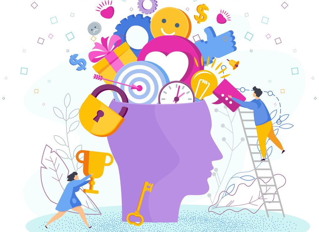 Human head with thoughts and ideas. Metaphor of creative inspiration Human head with thoughts and ideas. Metaphor of creative inspiration, inspiration, successful ideas. Analysis of business problems and solutions. Trendy flat vector style illustration. Human profile.